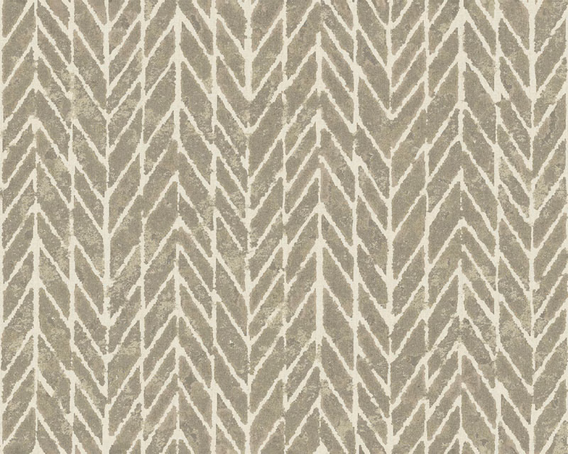 Warm taupe woven fabric with ivory abstract vertical chevrons and textured surface