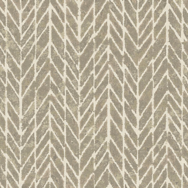Warm taupe woven fabric with ivory abstract vertical chevrons and textured surface