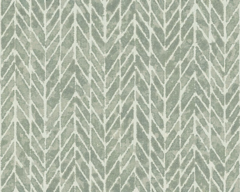 Soft sage-green fabric with ivory branching chevrons and a mottled woven texture