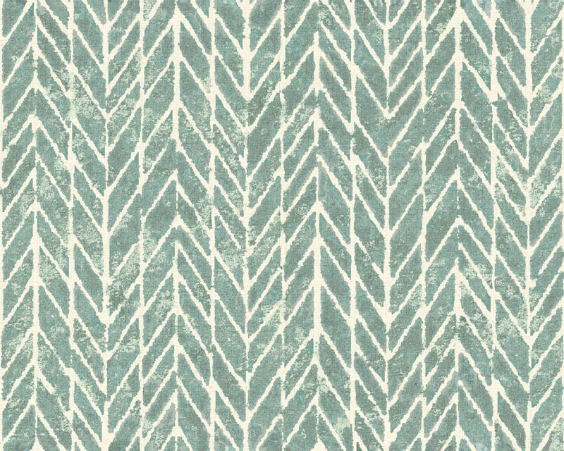 Muted seafoam teal fabric with cream branching chevrons and a softly textured surface