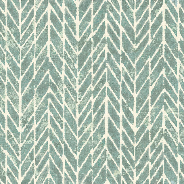 Muted seafoam teal fabric with cream branching chevrons and a softly textured surface