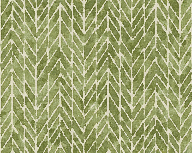 Moss green textured fabric with repeating ivory angular leaf motifs