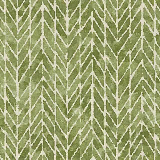 Moss green textured fabric with repeating ivory angular leaf motifs