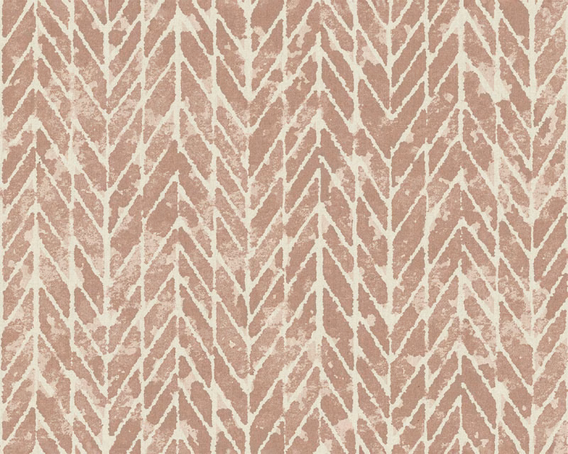 Dusty blush-terracotta textile with chalky ivory branching chevrons and mottled texture