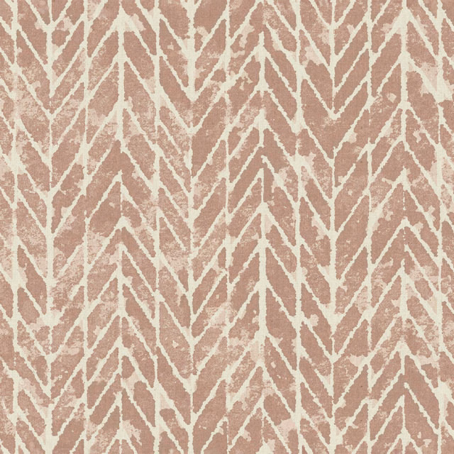 Dusty blush-terracotta textile with chalky ivory branching chevrons and mottled texture
