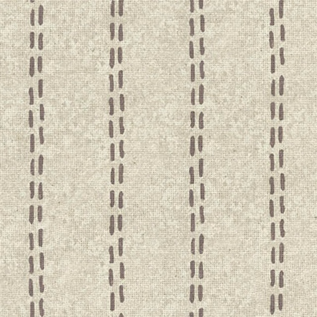Pale greige woven fabric with evenly spaced vertical taupe dashed stripes
