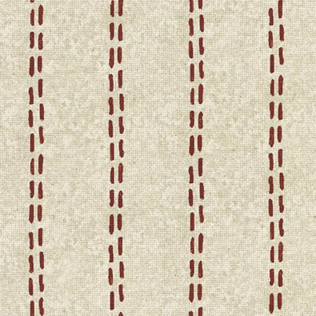 Warm ivory woven ground with evenly spaced broken brick-red vertical dashes