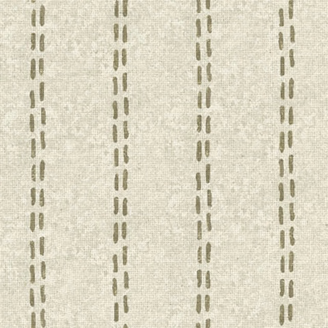 Pale ivory woven fabric with evenly spaced muted olive dashed vertical stripes