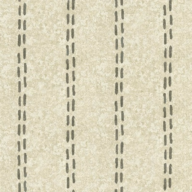 Pale stone-grey woven fabric with regularly spaced olive-grey dashed vertical stripes