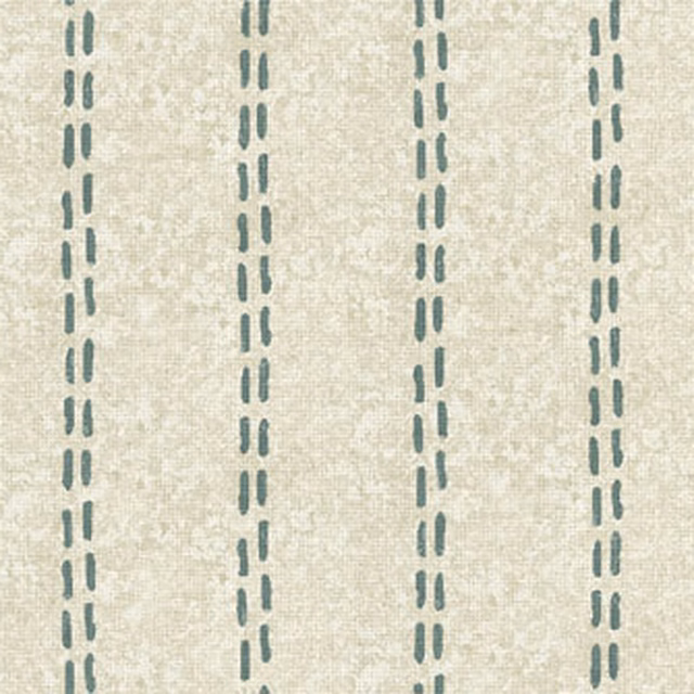 Ecru woven fabric with narrow muted sage-green dashed vertical stripes