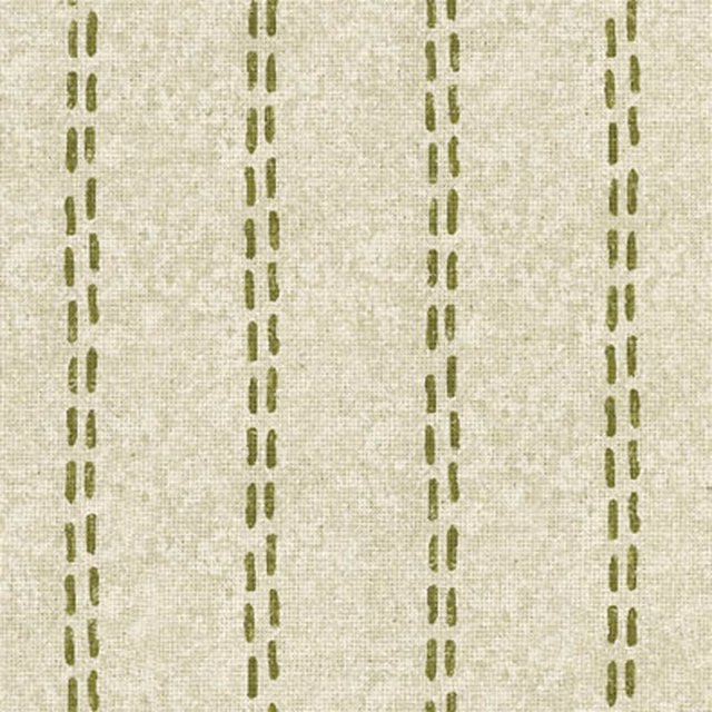 Pale cream woven fabric with repeated olive-green vertical dashed stripes