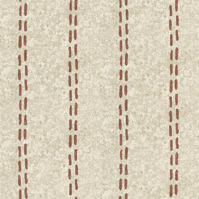 Warm cream woven fabric with repeated muted clay vertical dashed stripes