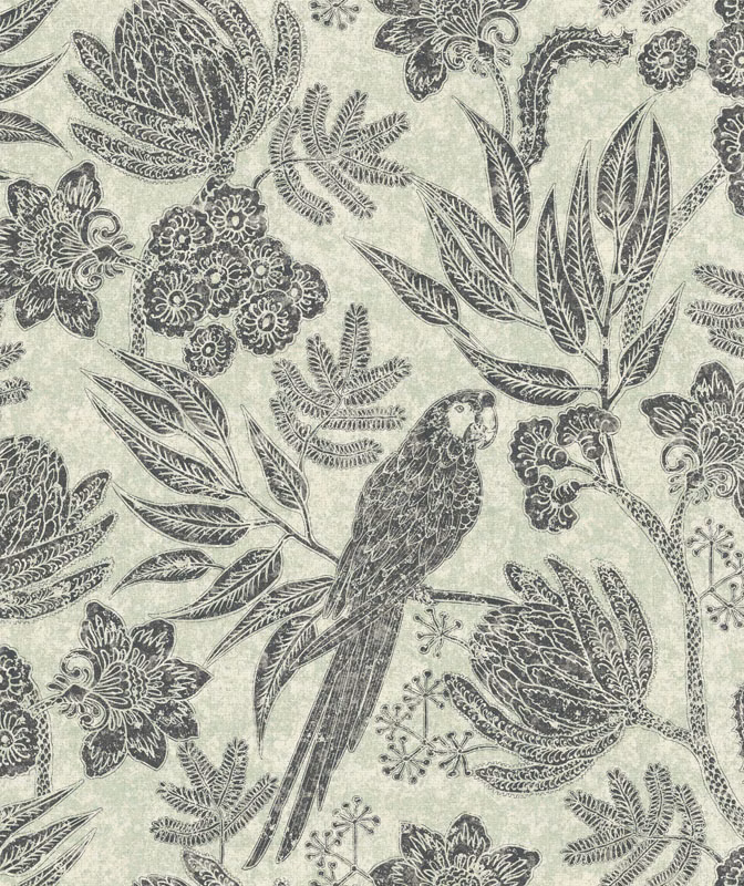Pale sage fabric with charcoal parrot, floral clusters and finely detailed botanical foliage