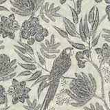 Pale sage fabric with charcoal parrot, floral clusters and finely detailed botanical foliage