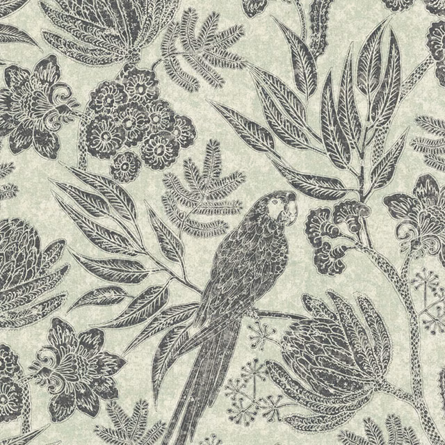 Pale sage fabric with charcoal parrot, floral clusters and finely detailed botanical foliage