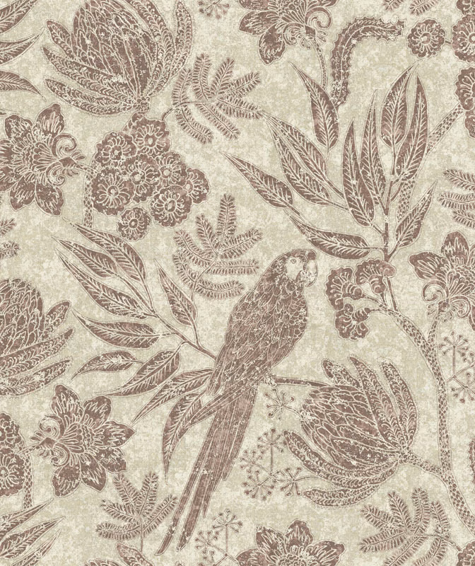 Pale sage fabric with taupe parrot, fern leaves and engraved floral motifs