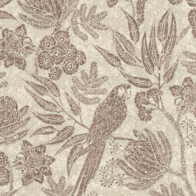 Pale sage fabric with taupe parrot, fern leaves and engraved floral motifs