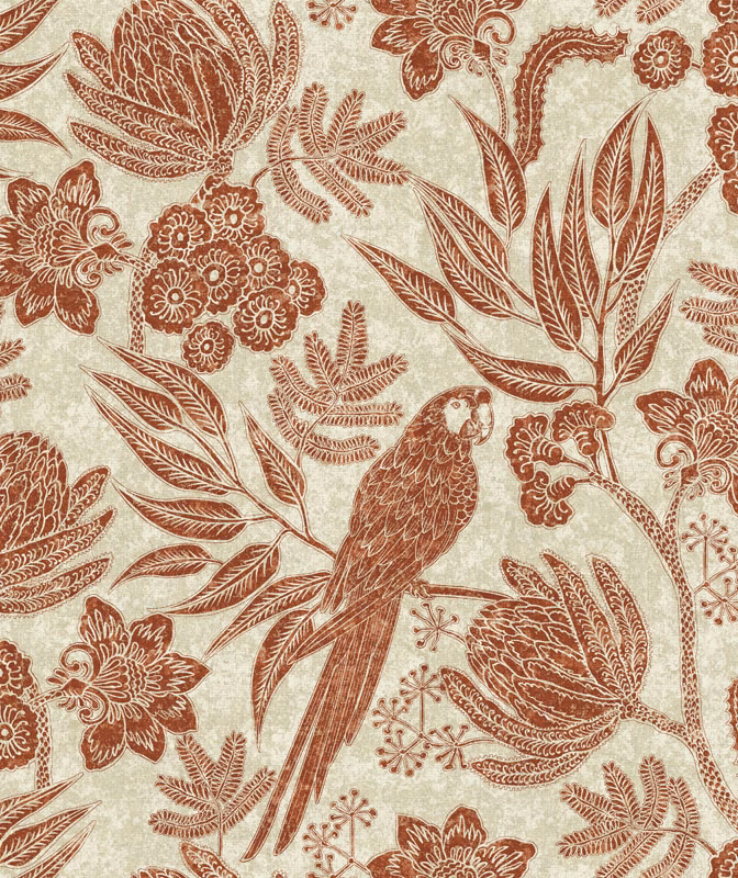 Aged cream textile with rust parrot, leafy branches, flowers and fine botanical detailing