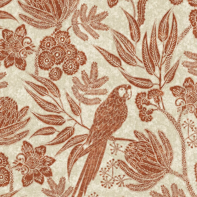 Aged cream textile with rust parrot, leafy branches, flowers and fine botanical detailing