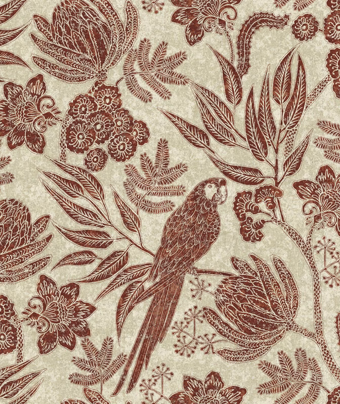 Ivory fabric with oxblood parrot, flowers, fern branches and finely outlined leaves