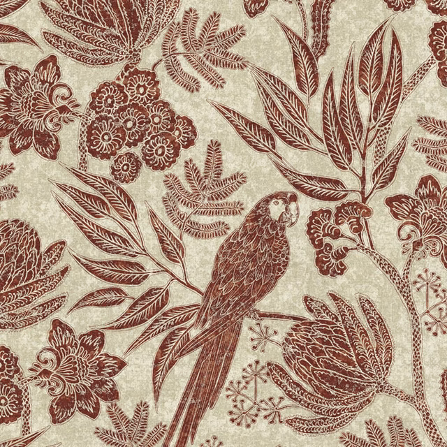 Ivory fabric with oxblood parrot, flowers, fern branches and finely outlined leaves