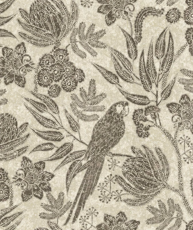 Pale greige fabric with charcoal parrot, leafy sprays and finely outlined blossoms