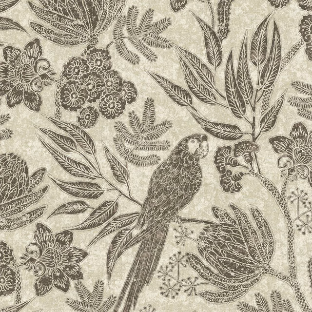 Pale greige fabric with charcoal parrot, leafy sprays and finely outlined blossoms
