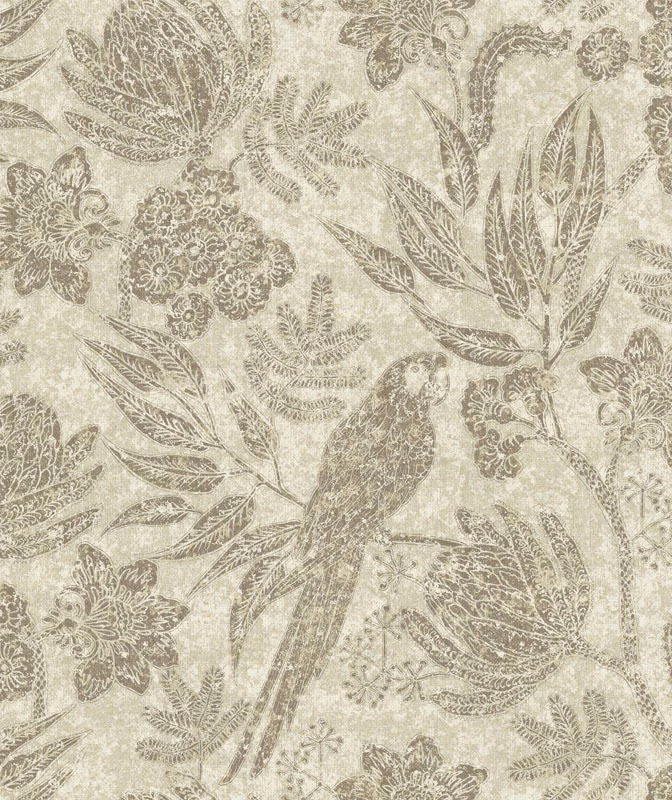 Cream botanical fabric with taupe parrot, flowers and finely etched foliage