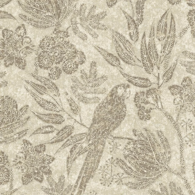 Cream botanical fabric with taupe parrot, flowers and finely etched foliage