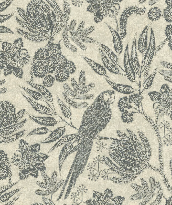 Aged cream textile with charcoal botanical sprays, flowers and a long-tailed parrot