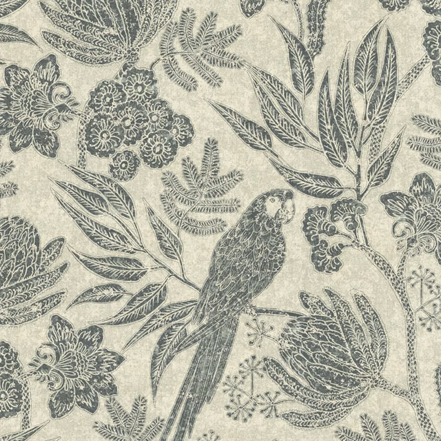 Aged cream textile with charcoal botanical sprays, flowers and a long-tailed parrot