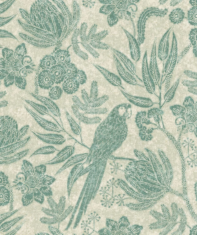 Cream fabric with seafoam parrot, leafy branches and intricate floral botanical motifs