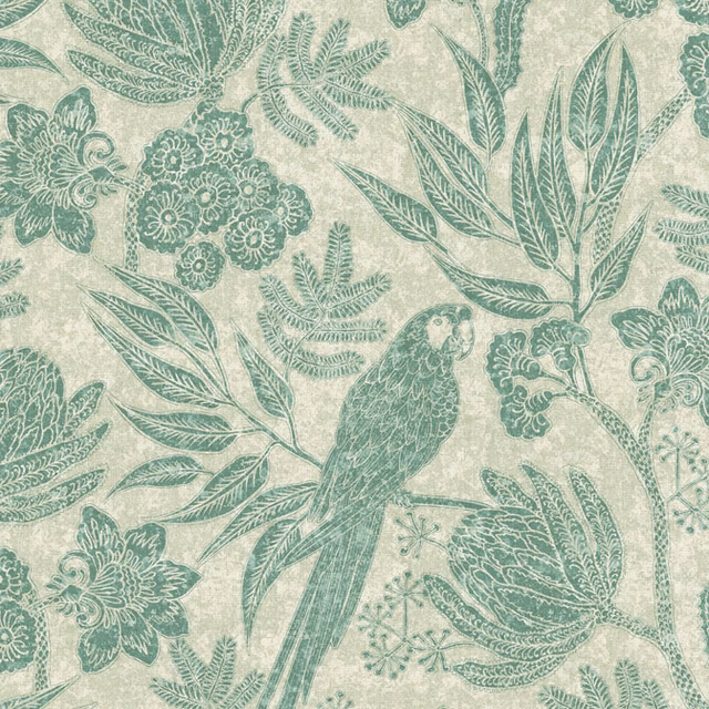 Cream fabric with seafoam parrot, leafy branches and intricate floral botanical motifs