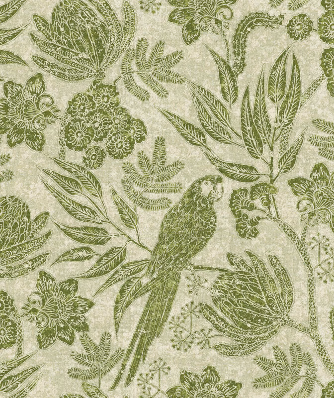 Soft sage botanical fabric with illustrated bird, flowers, fern fronds and mottled cream ground