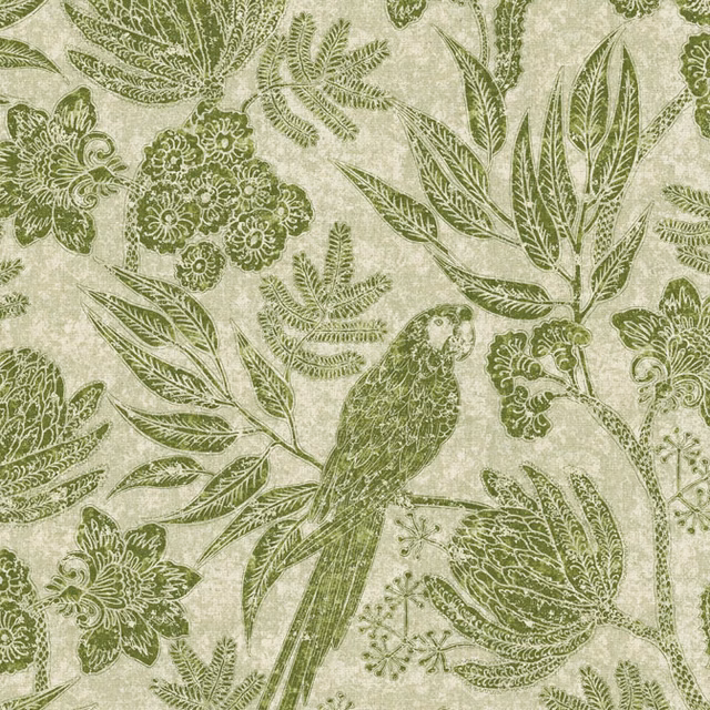 Soft sage botanical fabric with illustrated bird, flowers, fern fronds and mottled cream ground