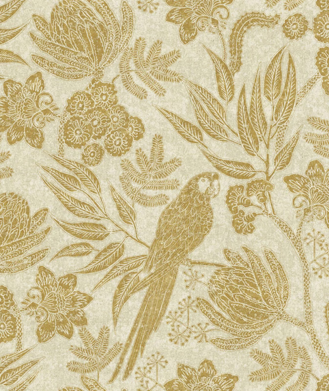Cream textile with antique-gold birds, blossoms and sweeping botanical leaves