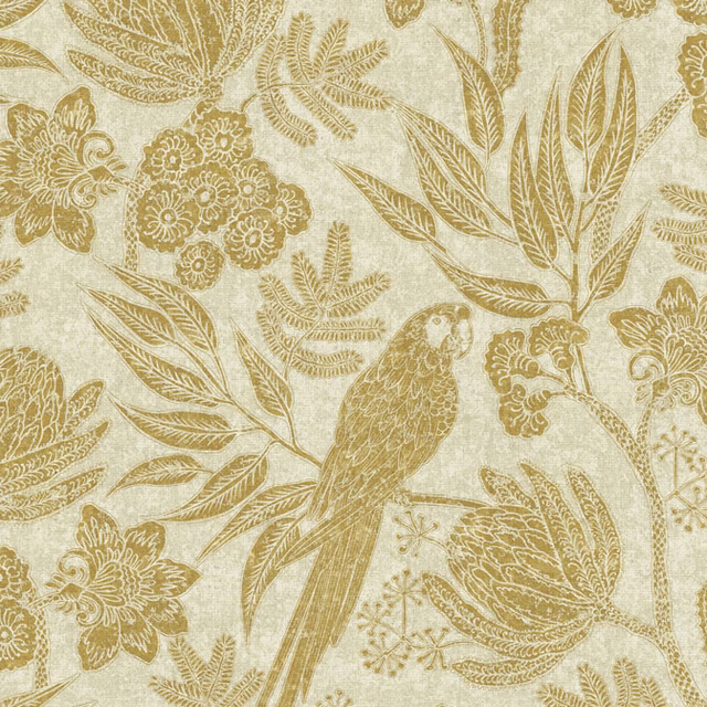 Cream textile with antique-gold birds, blossoms and sweeping botanical leaves