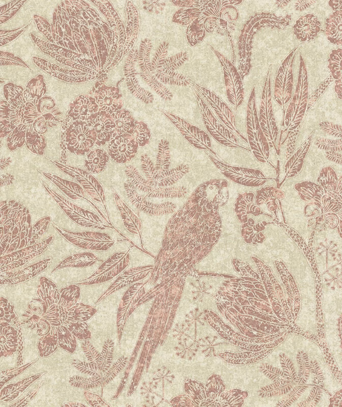 Pale sage botanical fabric with dusty rose parrot, florals and scrolling leaves