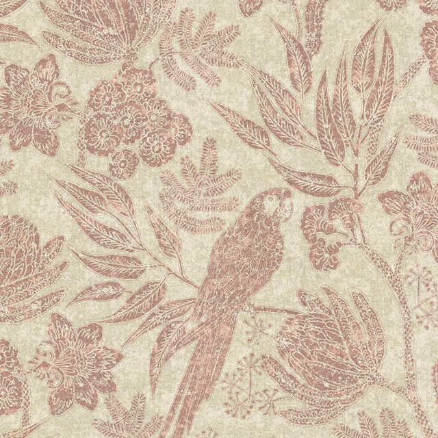 Pale sage botanical fabric with dusty rose parrot, florals and scrolling leaves