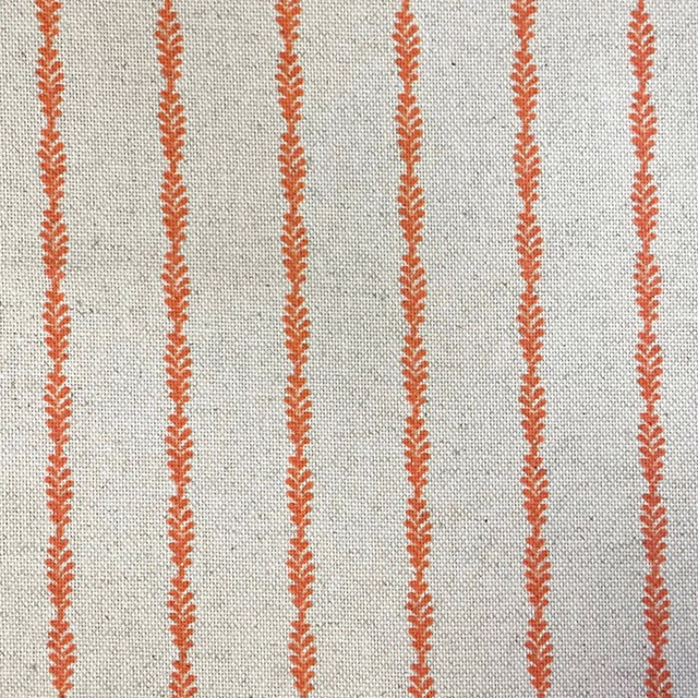 Pale grey woven fabric with narrow rust-orange leaf-like vertical stripes
