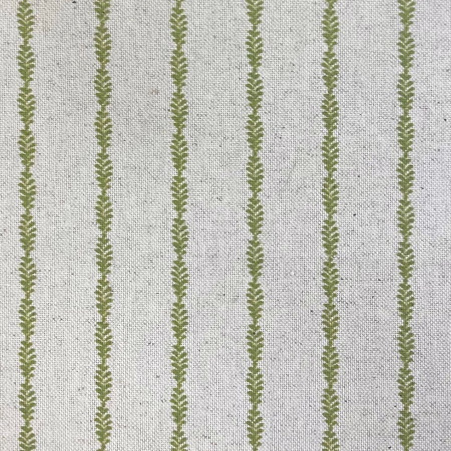 Pale grey woven ground with narrow muted citron-olive leafy vertical stripes