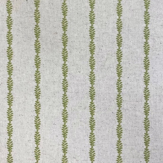 Pale grey woven ground with narrow muted citron-olive leafy vertical stripes
