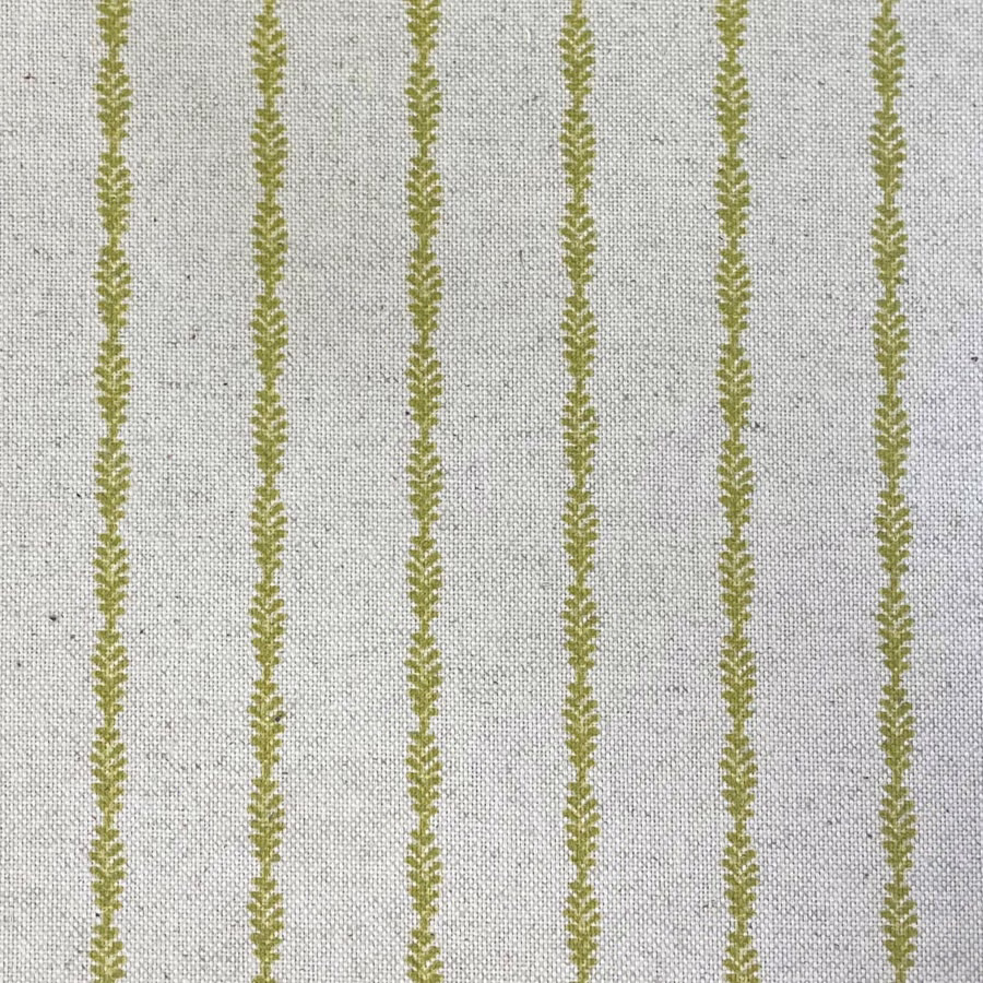 Pale grey woven fabric with narrow muted kiwi olive leafy vertical stripes