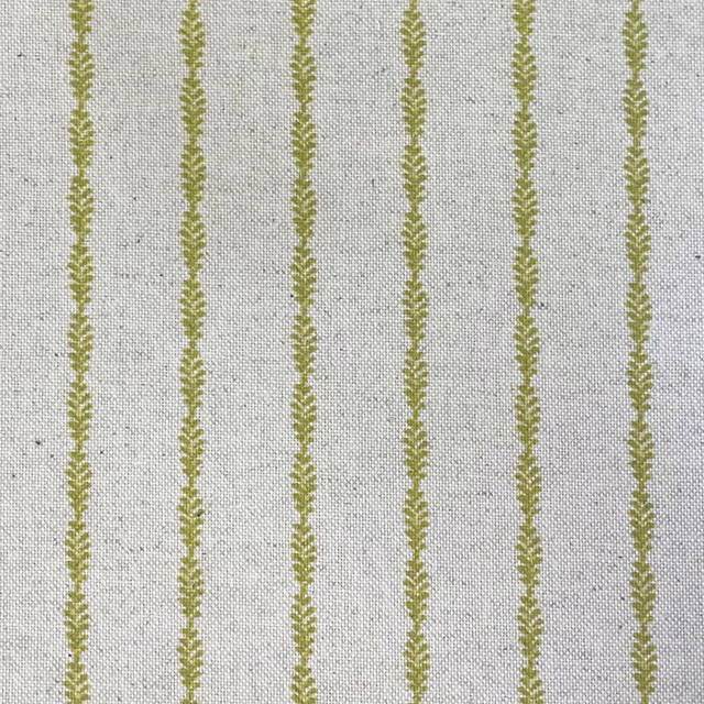 Pale grey woven fabric with narrow muted kiwi olive leafy vertical stripes