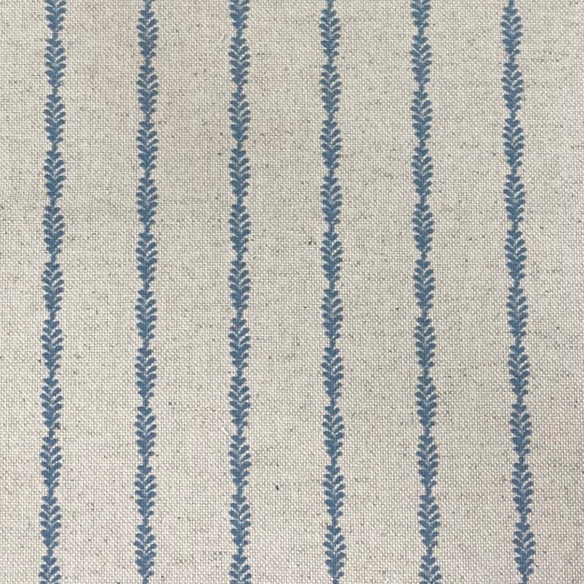 Oatmeal woven ground with evenly spaced blue-grey leafy vertical stripes