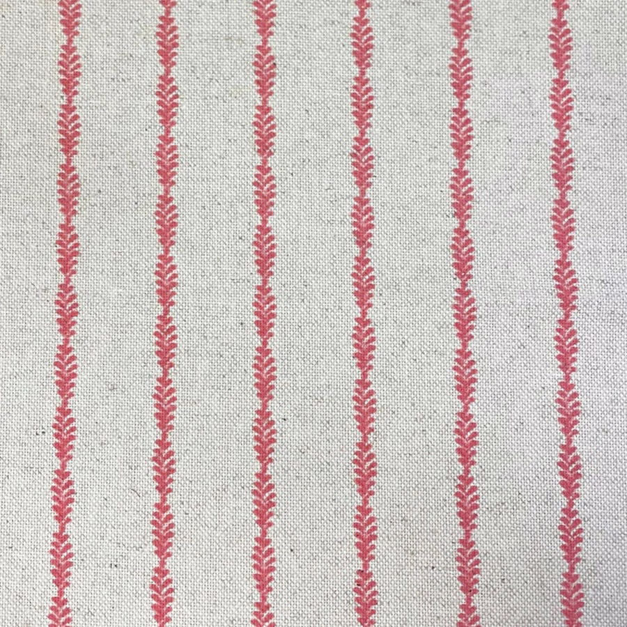 Pale grey woven fabric with slim melon-pink feathered vertical stripes