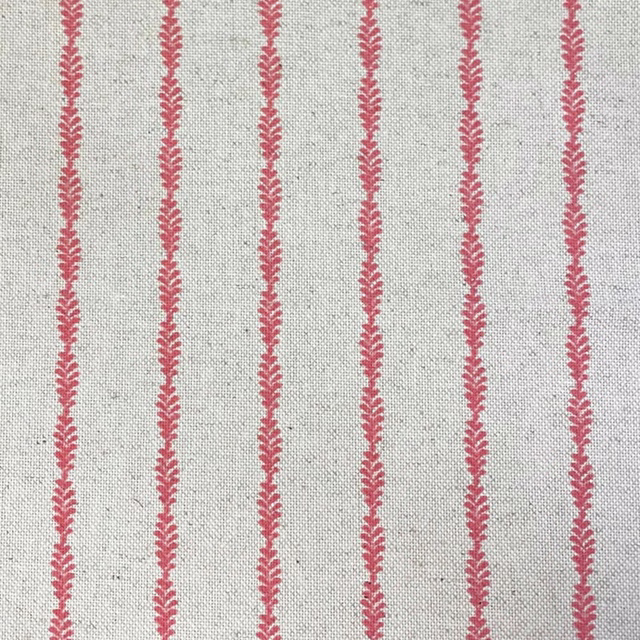 Pale grey woven fabric with slim melon-pink feathered vertical stripes