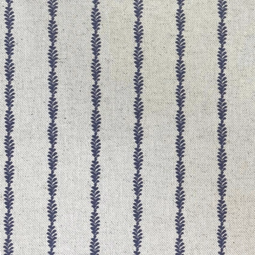 Pale sage-grey woven ground with repeated navy leafy vertical stripes