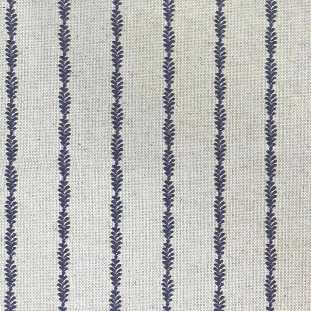 Pale sage-grey woven ground with repeated navy leafy vertical stripes