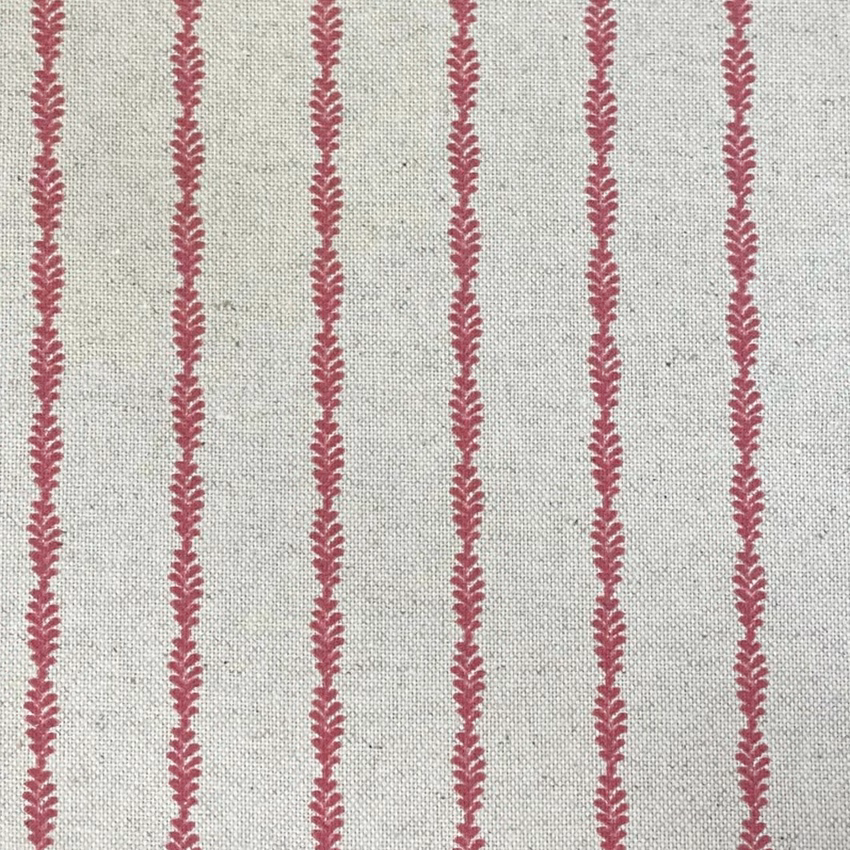 Raspberry pink sprig stripes woven across a pale grey-beige textile ground